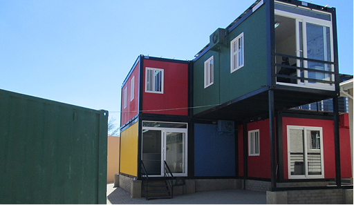 stacked, colorful office containers